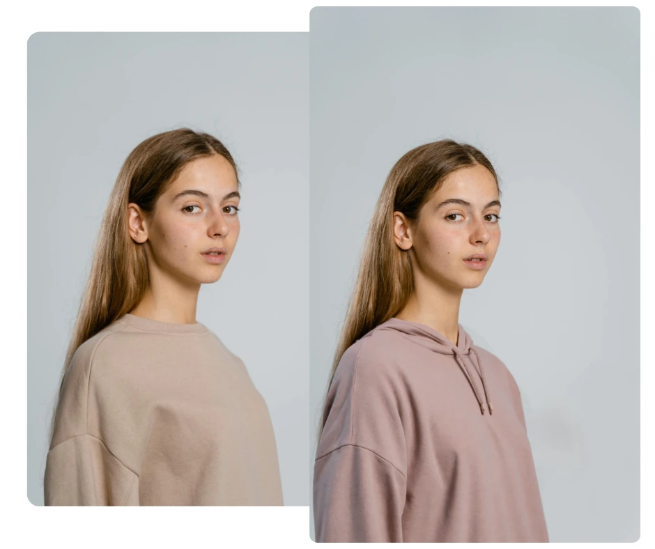 Confronto affiancato di una giovane donna in abbigliamento casual: felpa beige contro felpa con cappuccio color malva chiaro. Un esempio perfetto di come l'intelligenza artificiale cambi d'abito e mostri varianti di outfit loungewear comode e minimaliste.