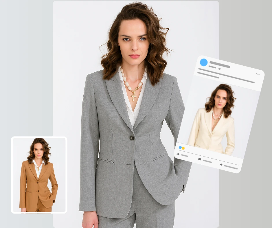 Un'IA che cambia i vestiti e mostra una donna alla moda in un tailleur grigio su misura, con inserti più piccoli che raffigurano la stessa modella in tailleur beige e avorio, ideata come layout per i social media per contenuti di moda.