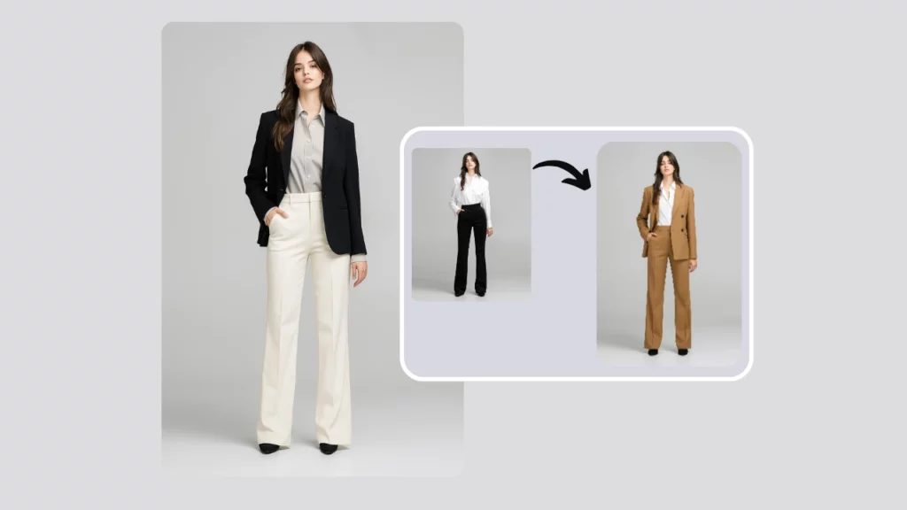 Cambio d'abito tramite intelligenza artificiale che mostra una giovane donna in un moderno abito formale: blazer nero abbinato a pantaloni color crema e una camicia grigia, con frecce visive che illustrano l'evoluzione dello stile in un completo color cammello.