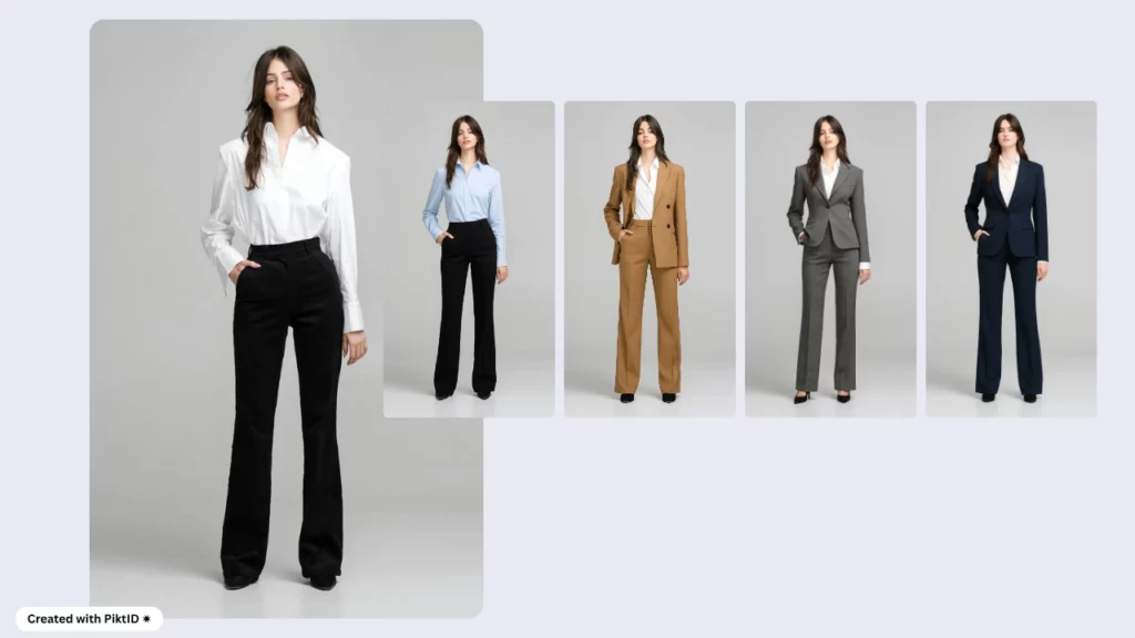 Trasformazione della moda tramite l'IA che cambia i vestiti: una giovane donna in cinque diversi outfit professionali, tra cui camicia bianca con pantaloni neri, camicia blu, tailleur cammello, tailleur grigio formale e abito da lavoro blu navy.