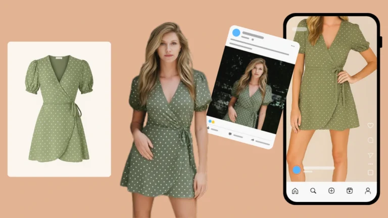 Ausgewähltes Bild eines KI-Kleidertauschs, das eine Frau in mehreren Outfits zeigt. Demonstration eines virtuellen Anprobetools für digitale Modevorschauen.