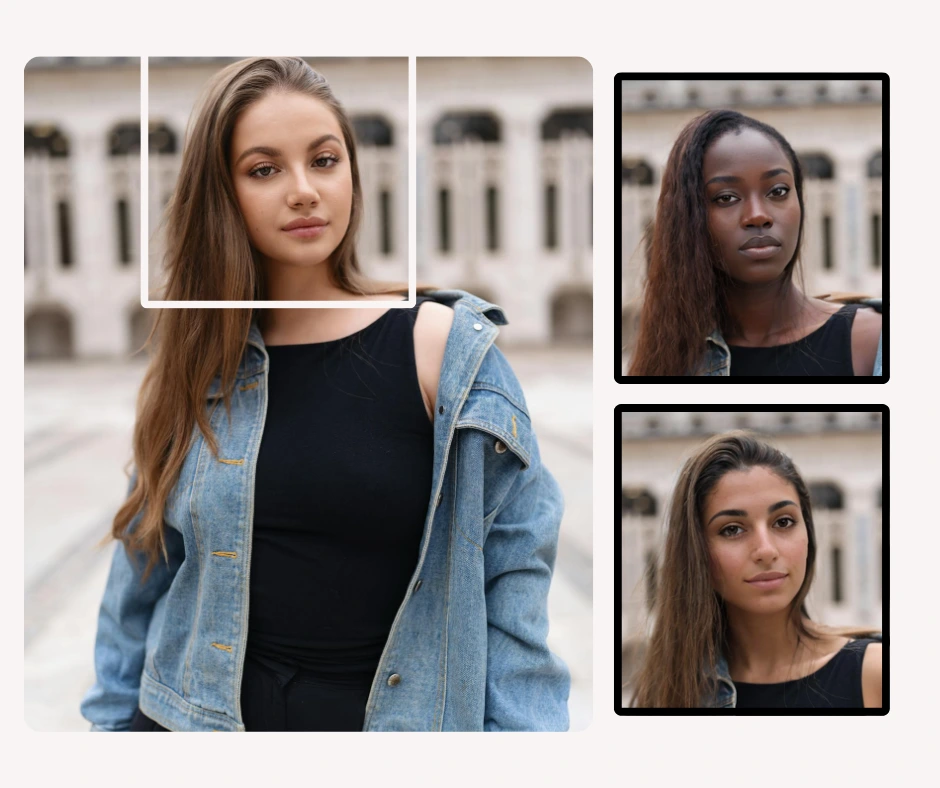 Featuring three side-by-side images of a young girl in a denim jacket with swapped faces. This comparison showcases how the AI maintains natural expressions and skin tones across different transformations.