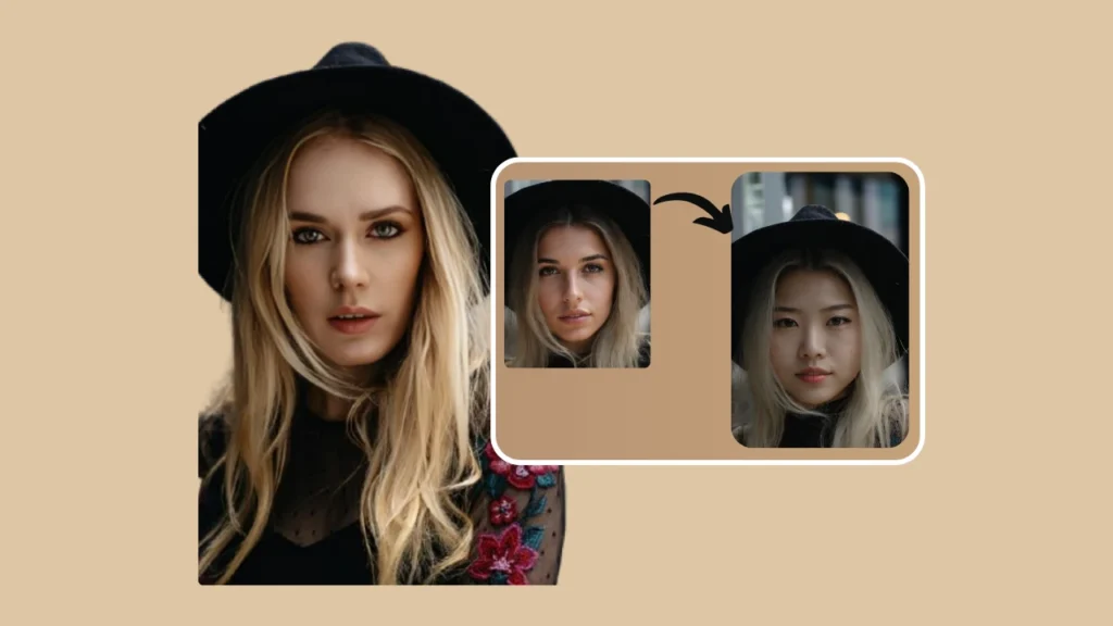 Transformation showing a young blonde girl with a naturally blended face swap. The example illustrates how the AI achieves high realism in skin tones, lighting, and subtle facial details.