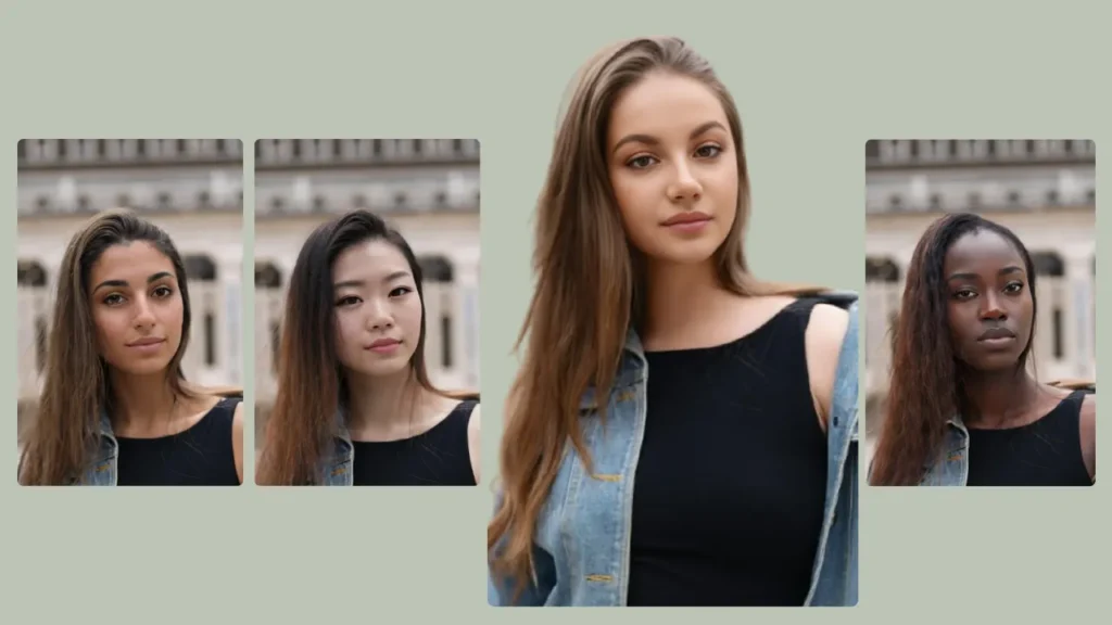 PiktID's demonstration showing multiple young women with swapped facial features wearing denim jackets and black tops.