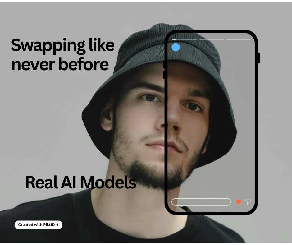 A young man wearing a black bucket hat, with a mobile phone screen overlay swapping his face digitally.