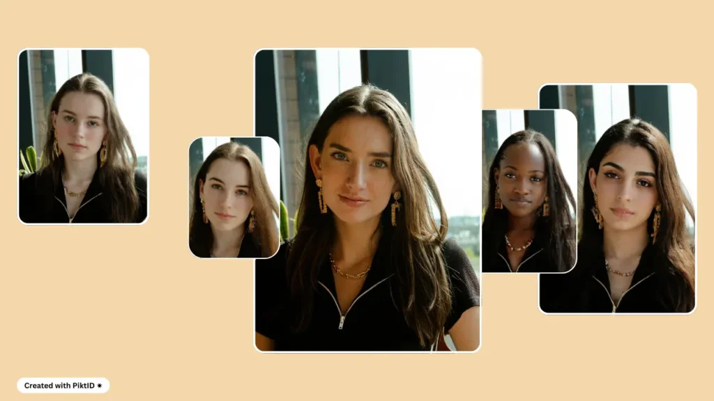 AI-created images of a young woman wearing a black outfit and jewelry, displayed in multiple variations. The virtual model generator demonstrates identity transformation and outfit styling with realistic results.