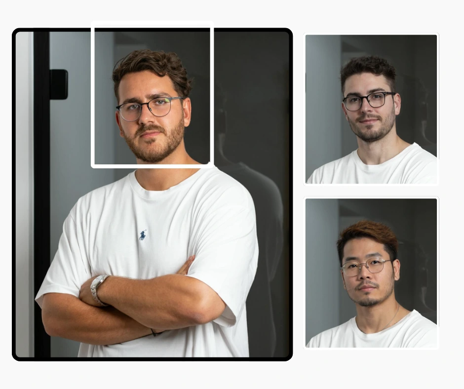 AI portraits showing three different realistic faces of young men in casual white t-shirts, each wearing glasses and light facial hair, captured in a modern indoor environment with neutral backgrounds.