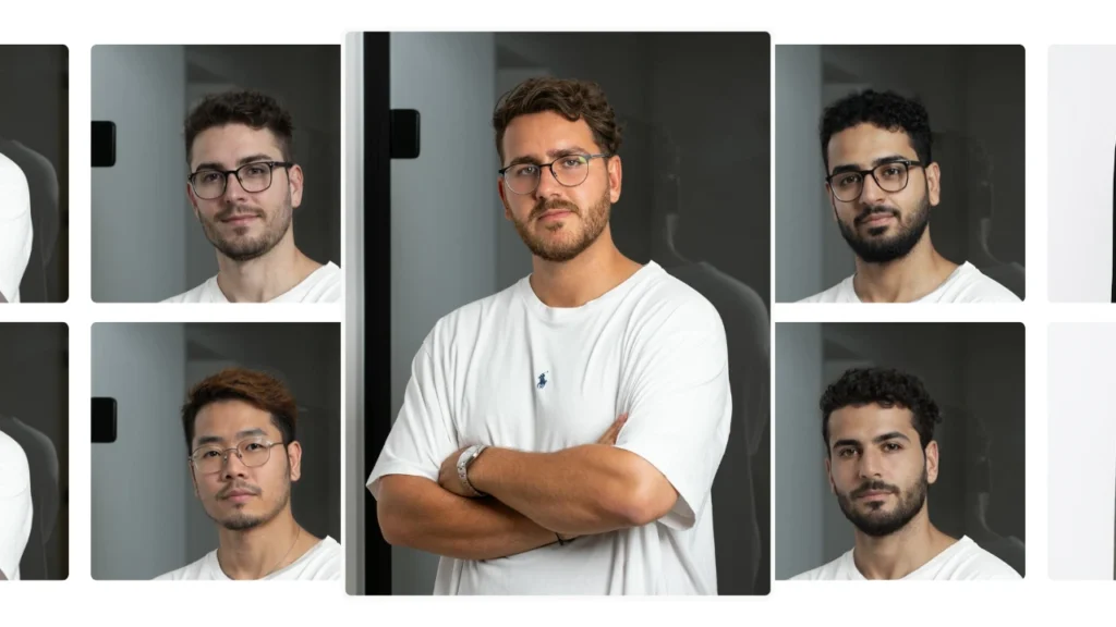 AI model's photo grid featuring five realistic portraits of a young man wearing a casual white t-shirt, glasses, and light beard, shown with different hairstyles and facial expressions in an indoor studio setting