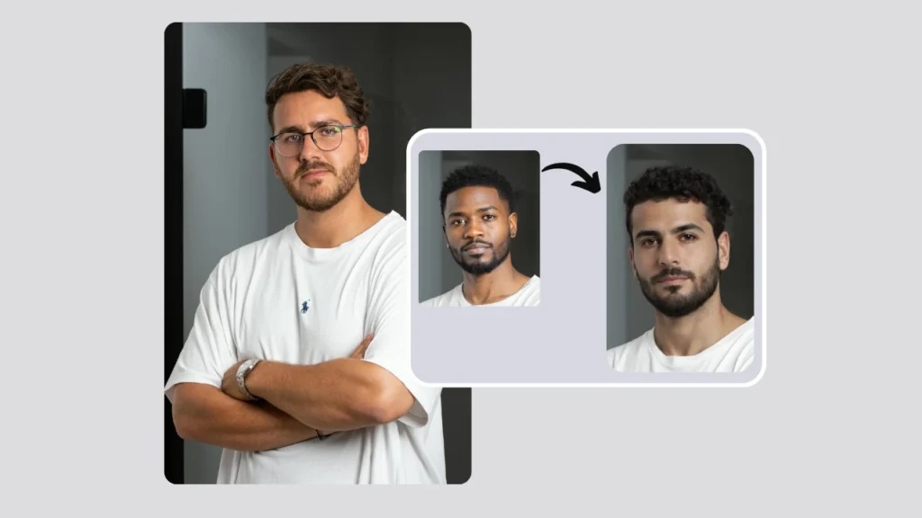 Generating AI models using PiktID, 3 images of a man with crossed hands in wearing a white round neck t-shirt on the left and in the center changing identities to different ethnicities