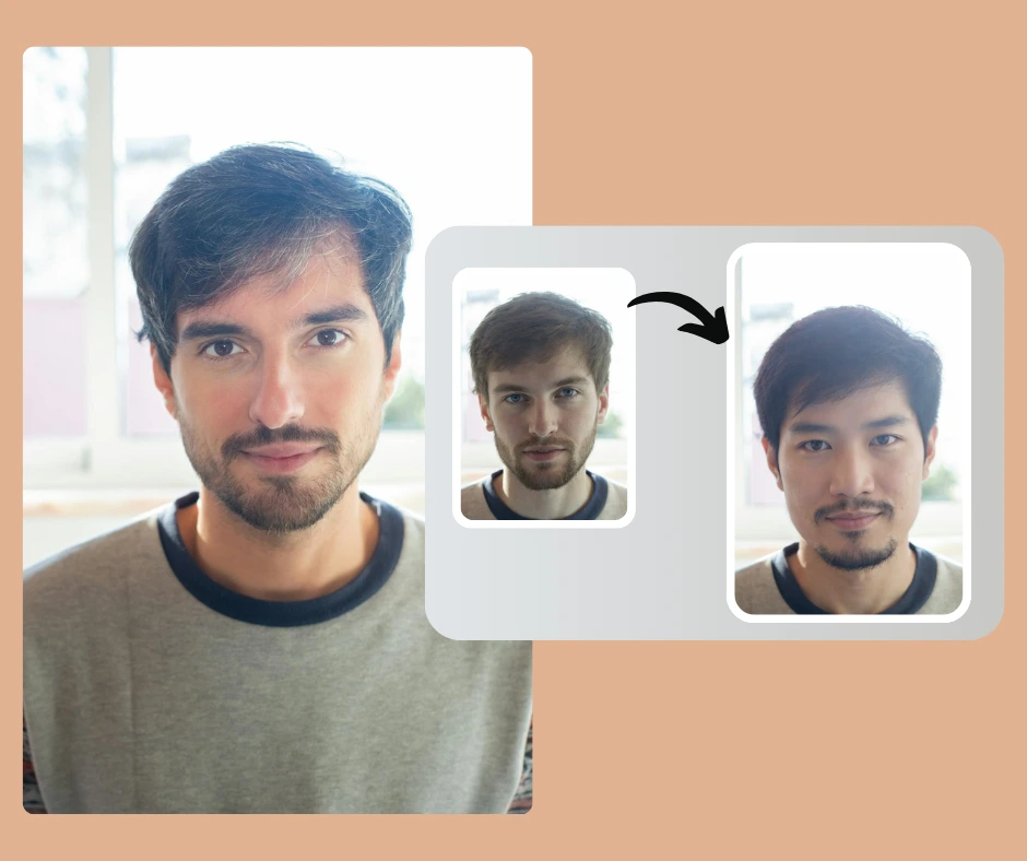 Multiple AI-generated facial variations of a male model dressed in a grey outfit, demonstrating versatile men’s casual fashion and AI-powered style generation.