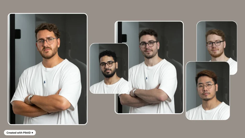 Collection of AI-generated images featuring a male model in a classic white t-shirt, demonstrating essential men’s wardrobe basics and versatile fashion styling.