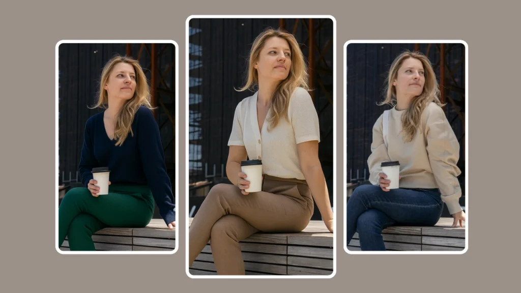 Modelo generado por IA de una mujer rubia sentada al aire libre con tres atuendos casuales diferentes y sosteniendo una taza de café. Cada look luce diferentes tops y pantalones, destacando la versatilidad de la moda.
