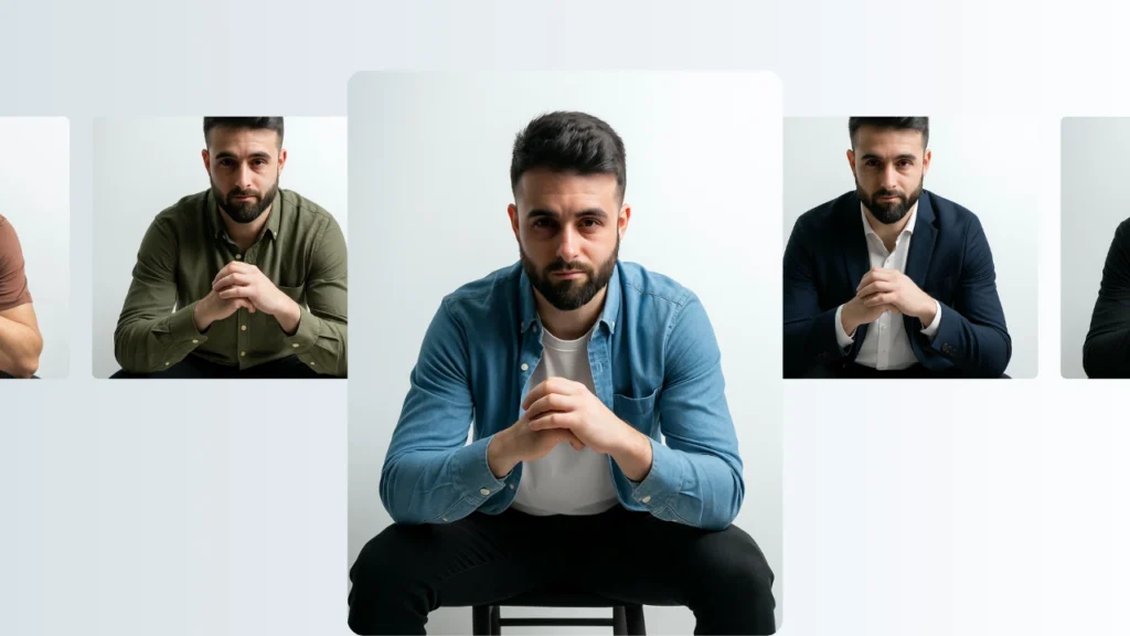 Modelo masculino de IA con barba posando con tres atuendos diferentes, incluyendo ropa casual y formal. La imagen muestra cómo los modelos digitales pueden mostrar múltiples estilos de moda.