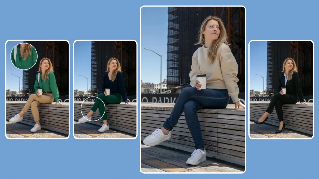 Modelo de IA de una mujer rubia sentada en una plaza con diferentes estilos de ropa. Las variaciones muestran opciones de ropa casual, semiformal y relajada para mujeres.