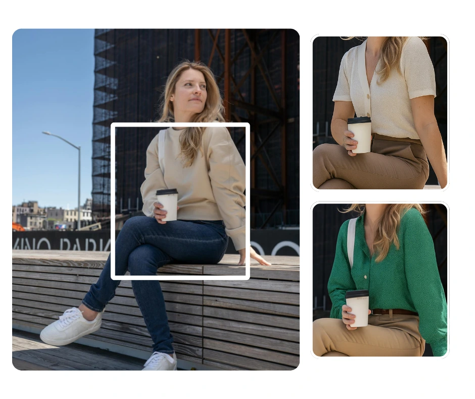 Modelo rubia con atuendo casual sosteniendo una taza de café, mostrada en múltiples opciones de atuendos. Este lookbook destaca opciones de moda elegante, informal y relajada para mujeres.