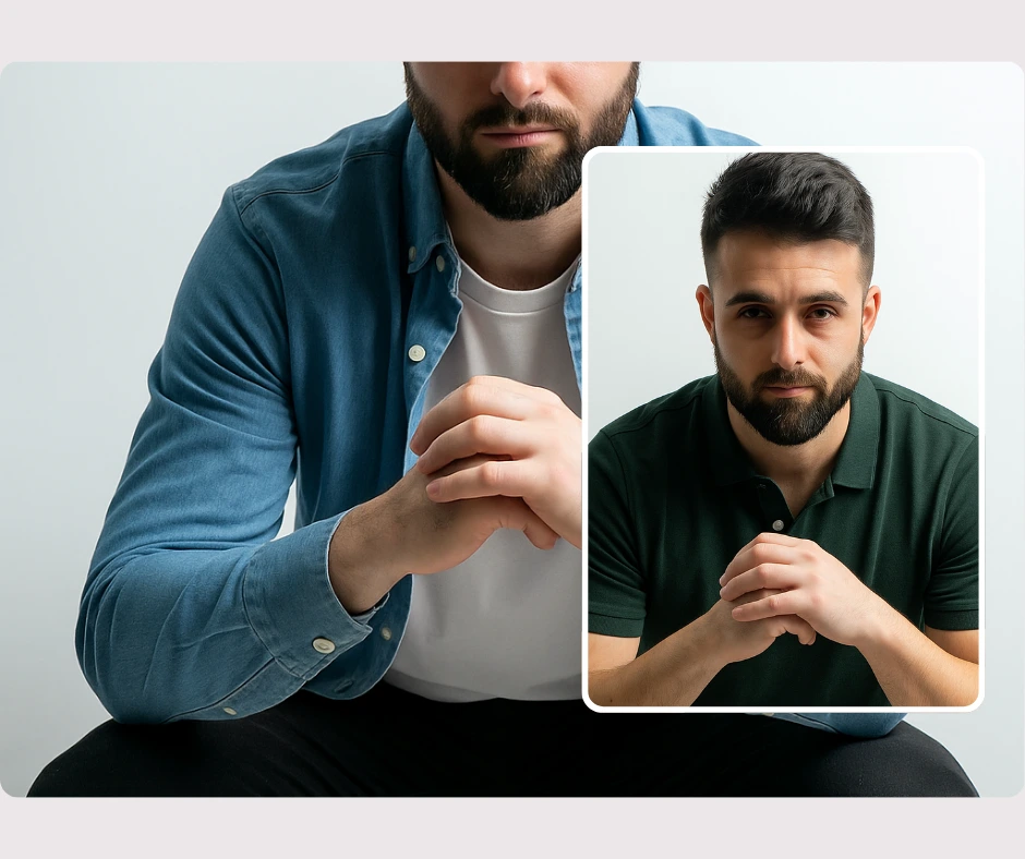 Modelo masculino con barba, con atuendo casual, realzado con variaciones adicionales. El diseño realza la moda masculina moderna mediante simulaciones digitales de ropa.