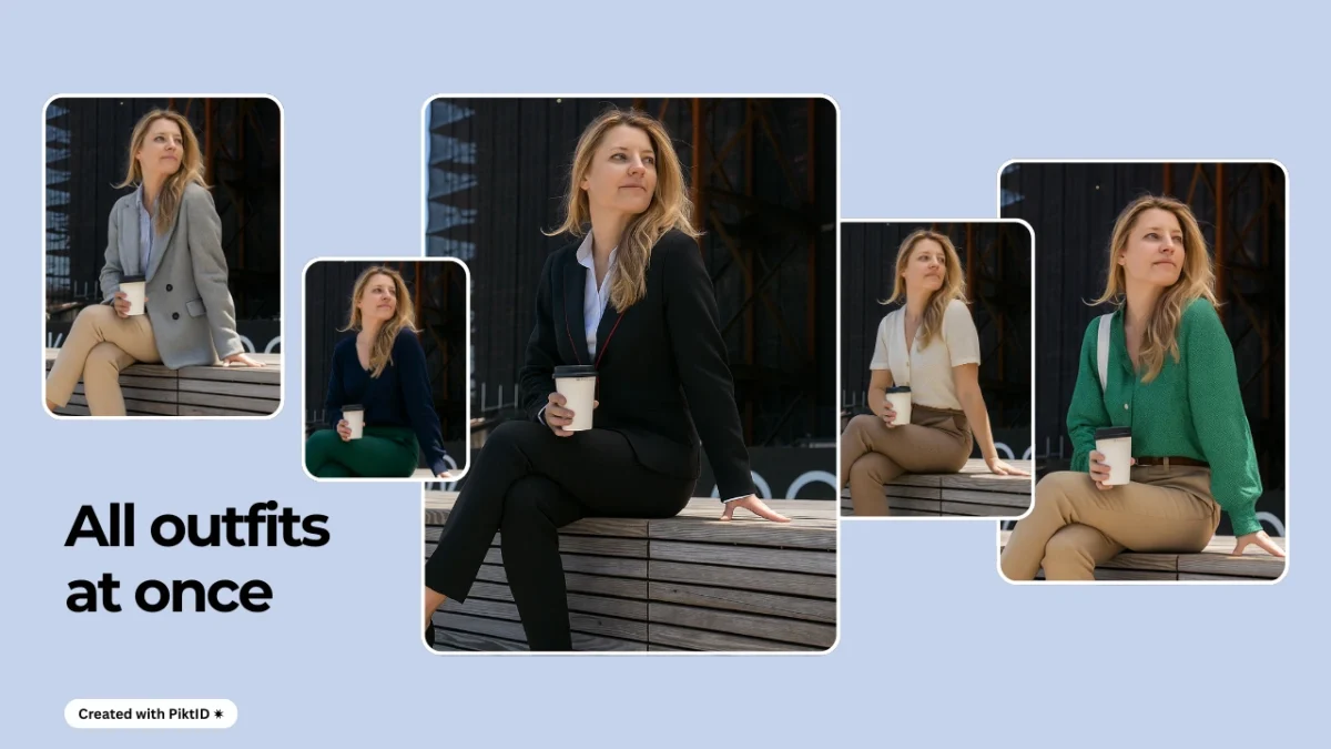Modelo rubia con diversos conjuntos elegantes en formato lookbook. El collage muestra estilos casuales, profesionales y modernos para una moda femenina versátil.