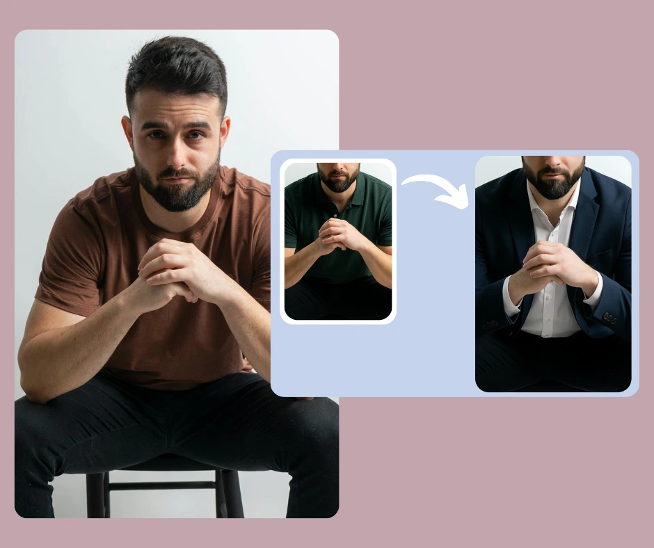 Modelo que muestra cómo funciona la generación digital de atuendos con múltiples variaciones de estilo. La imagen muestra la transición de ropa informal a formal mediante modelos de IA.