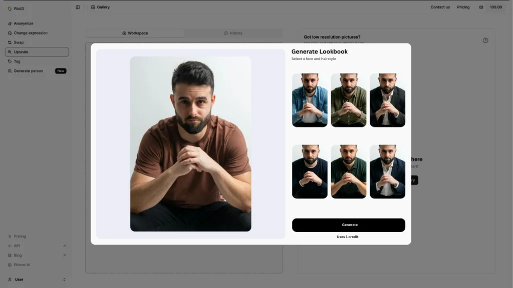 Interfaz de plataforma de moda que muestra a un modelo masculino con barba y múltiples opciones de atuendos generados. Esta función de prueba digital destaca la personalización de moda con IA.
