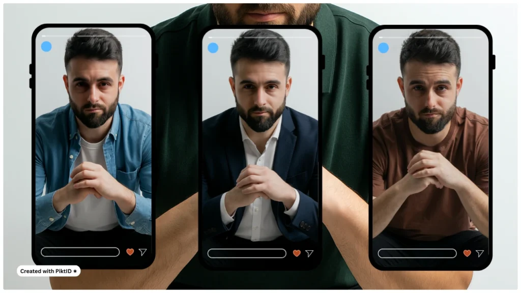 Modelo masculino con barba, con un polo informal, combinado con diferentes atuendos. La imagen muestra cómo la IA crea looks de moda masculina realistas.
