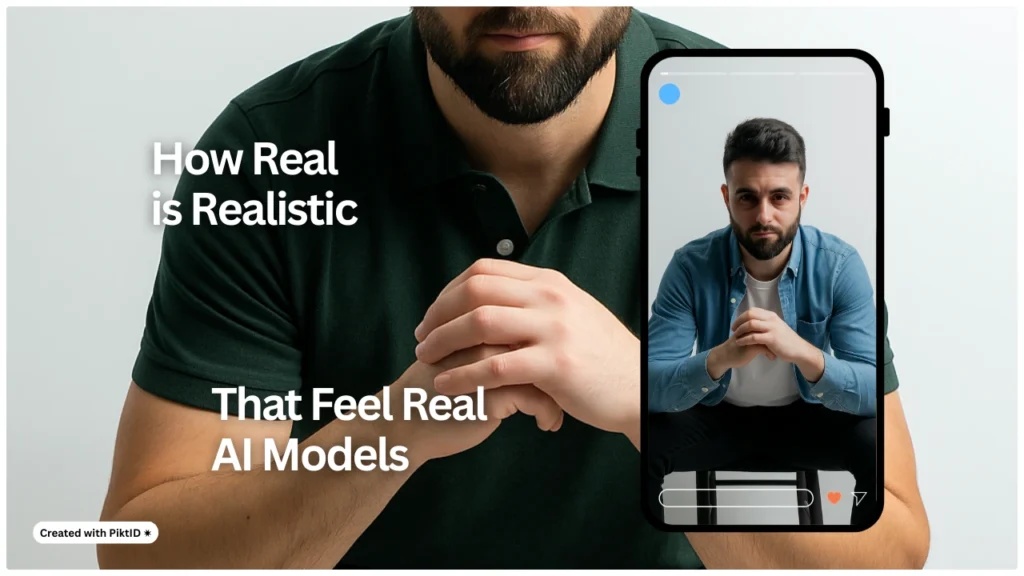 Modelo masculino con barba, mostrado en una configuración predefinida para pantalla de móvil, con atuendos casuales y formales. El diseño destaca cómo compartir las pruebas de moda con IA en redes sociales.