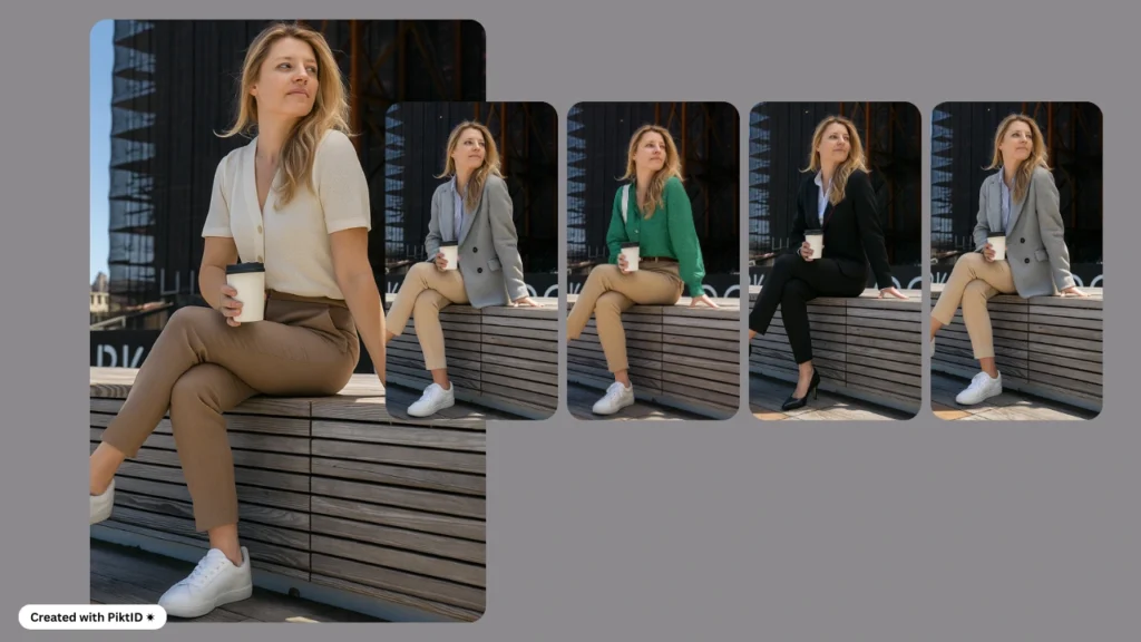 Modelo que muestra diversos conjuntos casuales y profesionales para mujer, incluyendo blazers, prendas de punto y ropa de oficina. Las variaciones destacan estilos modernos, ideales para la oficina y chic casual, con tonos neutros y cortes a la moda.