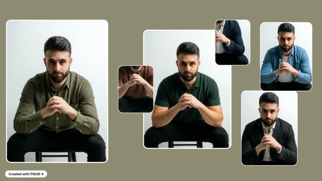 Modelo masculino con barba, con múltiples combinaciones de atuendos, desde camisas informales hasta blazers formales. Las transiciones de ropa muestran una moda masculina versátil, ideal para ocasiones informales, de negocios y profesionales.