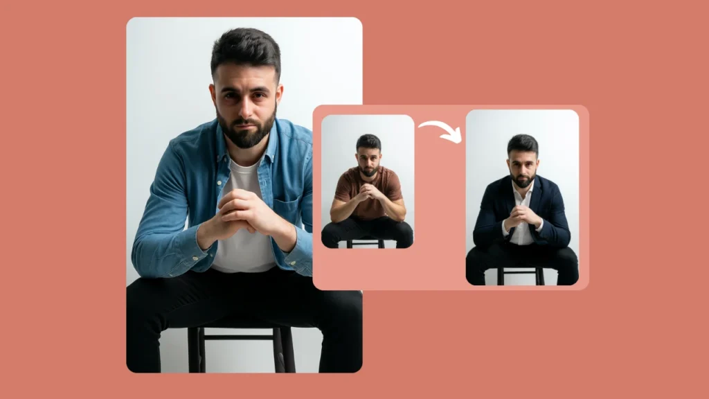 Herramienta de IA para cambiar atuendos que muestra a un modelo masculino con barba en diferentes estilos, incluyendo una chaqueta vaquera, una camiseta marrón y un traje formal. Esto demuestra cómo las herramientas de IA para la moda pueden generar al instante múltiples looks para un mismo modelo.