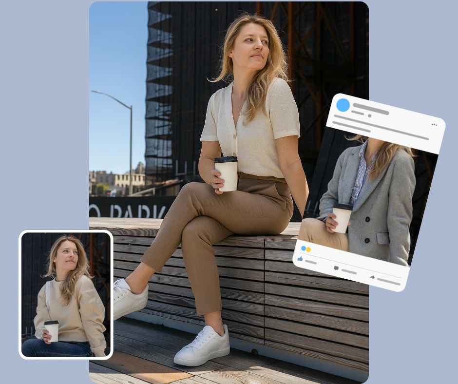 Mujer rubia con atuendos casuales y de negocios, optimizada para redes sociales. Las variaciones resaltan looks modernos y elegantes, incluyendo suéteres y blazers, diseñados para una marca de estilo de vida profesional.