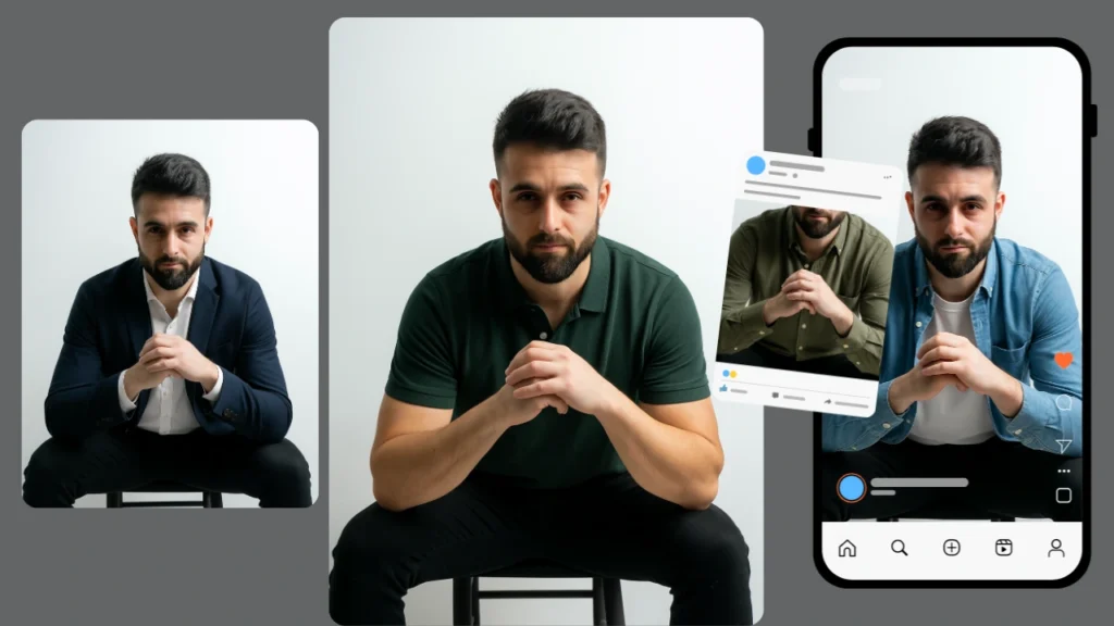 Modelo masculino con barba con múltiples variaciones de atuendo, presentado en un estilo de maqueta para redes sociales. Los looks varían desde polos casuales y vaqueros hasta blazers elegantes, con énfasis en pruebas virtuales con inteligencia artificial y marketing de moda.