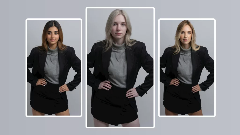 AI-generated body swap AI of three young women wearing identical grey turtlenecks, black blazers, and black skirts – demonstrating outfit consistency across diverse faces using AI fashion and body transformation tools.