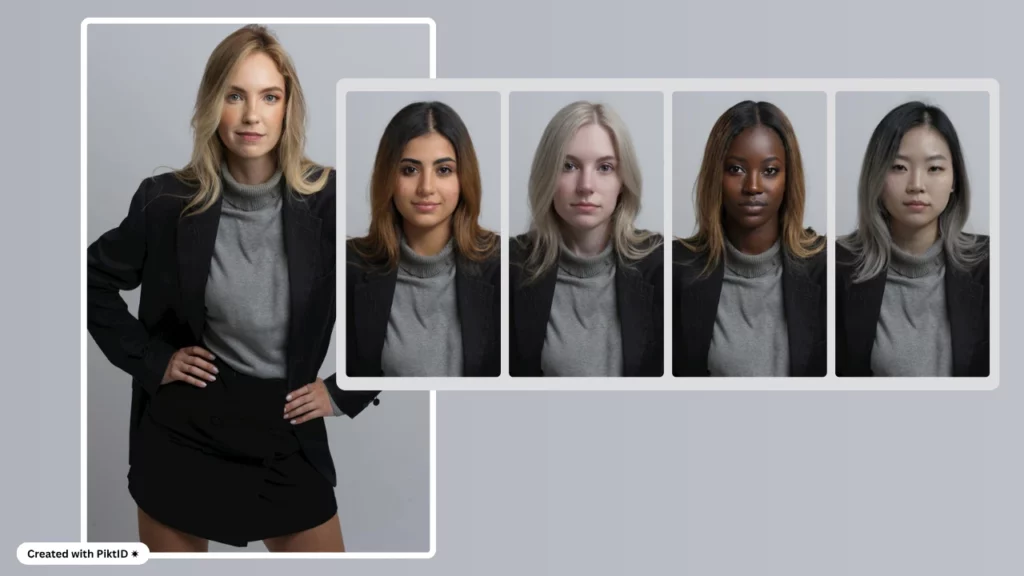 Body Swap AI of a young woman in a grey top and black skirt with black blazer, transformed into five different facial identities – showcasing PiktID’s AI-powered facial replacement technology for fashion modeling.