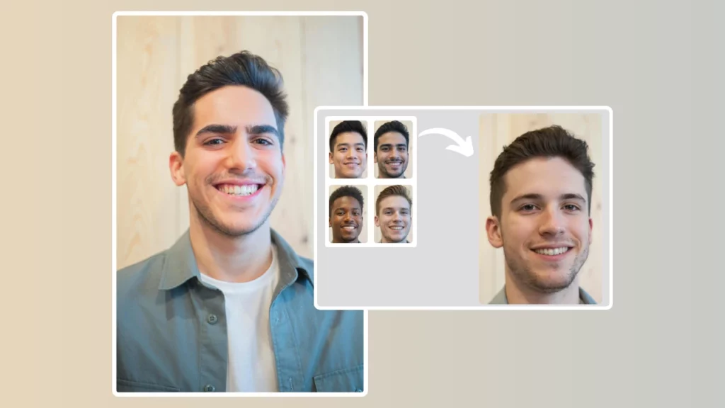 Face swap demo with smiling young man transformed into four diverse identities, all wearing green shirts – illustrating the capabilities of PiktID’s face-swapping tool for generating inclusive male headshots.