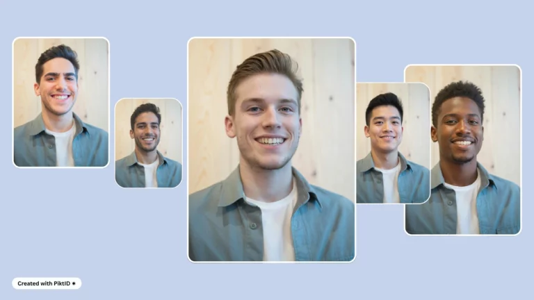 Group layout of AI-generated male faces using PiktID, featuring smiling men in casual green shirts – demonstrating advanced facial transformation and diversity in AI-generated portrait visuals.