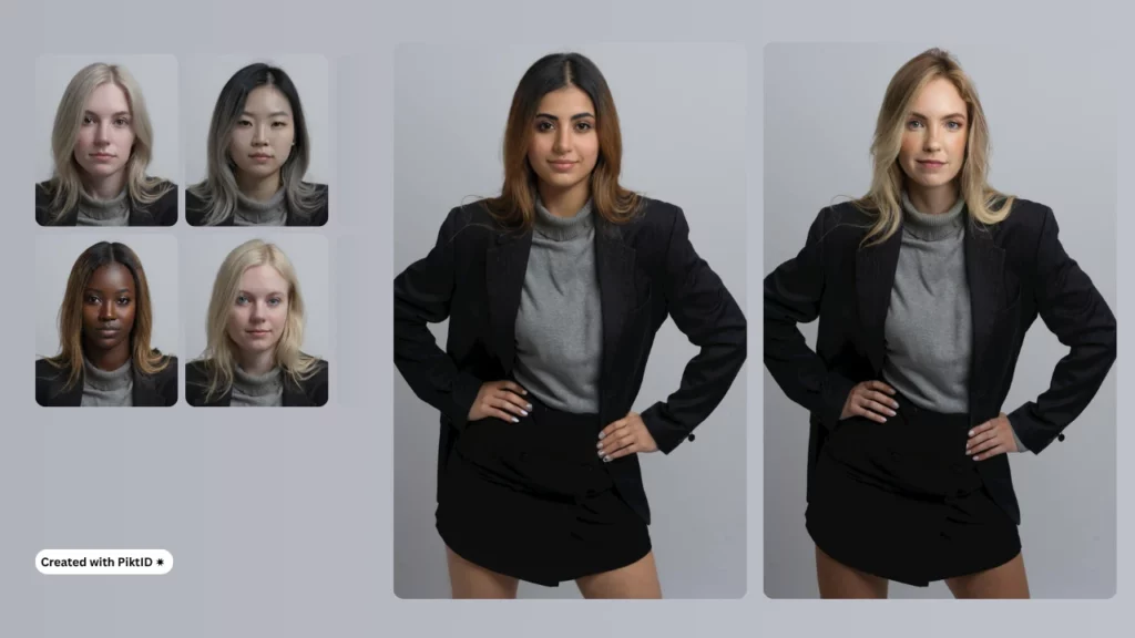 Blonde woman standing confidently in a black skirt and blazer, with three AI-generated body swap variations created using body swap AI for realistic face transformation.