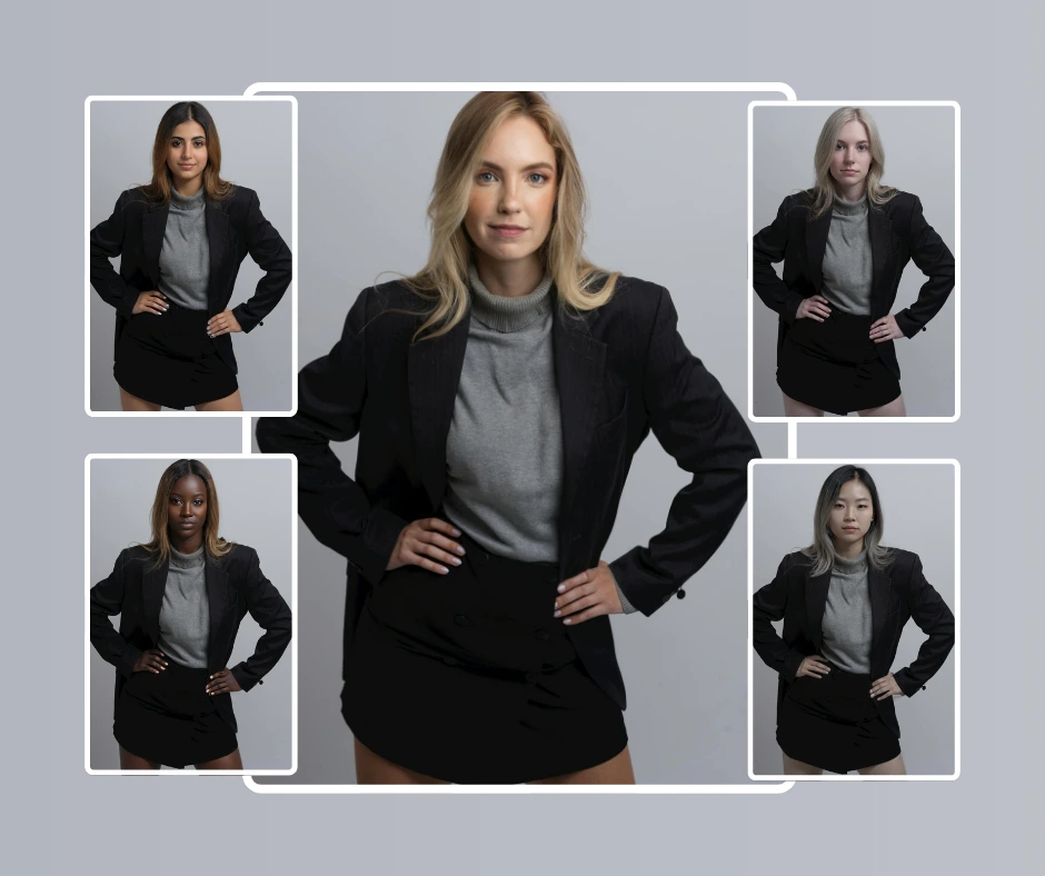 Group of diverse women showcasing face-swapped variations of a professional outfit using PiktID, demonstrating realistic changes in identity while keeping the same posture and clothing.