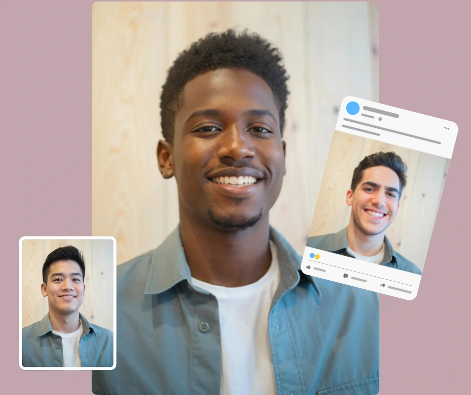 Young Black man smiling in a blue shirt with AI-generated face swaps of two other men, designed for social media visuals using PiktID.