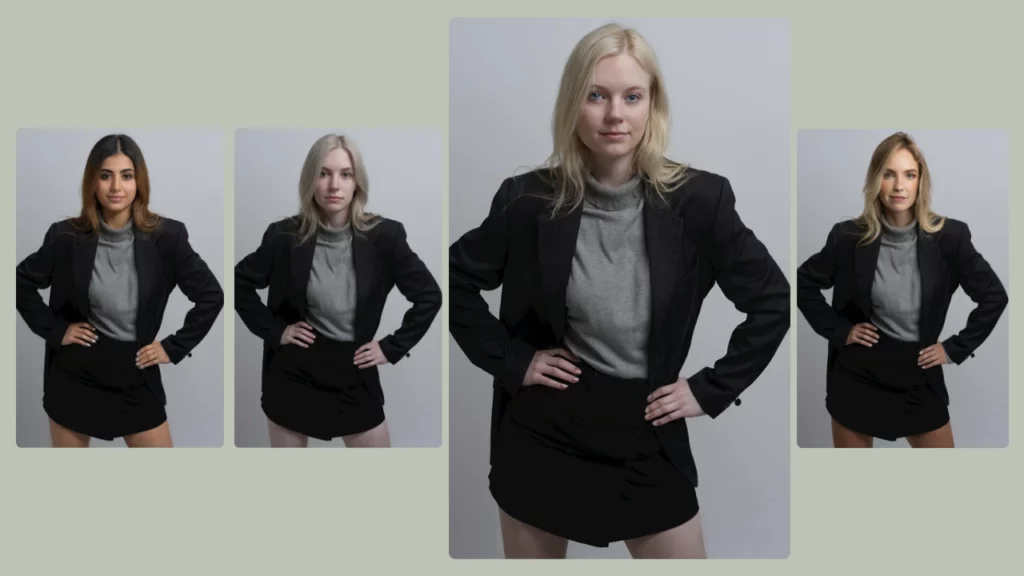 Young woman in a black skirt, gray top, and blazer confidently posing with hands on hips, with multiple AI-generated body swap faces created using PiktID for professional branding.