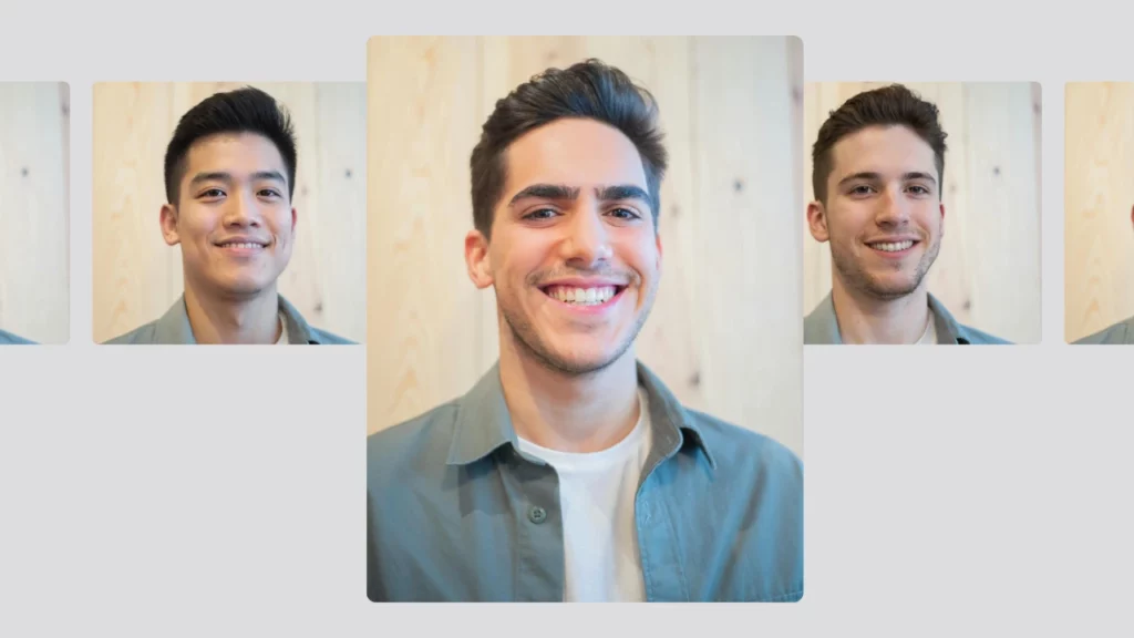Happy young man in a gray shirt with multiple face-swapped versions using body swap AI, demonstrating diversity in facial identity for personal or professional use.
