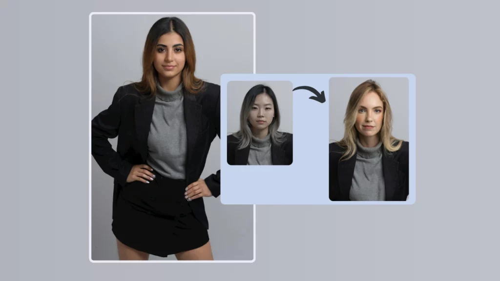 Young woman in semi-formal outfit posing confidently while showcasing before-and-after face swap transformation using PiktID's Swap tool.