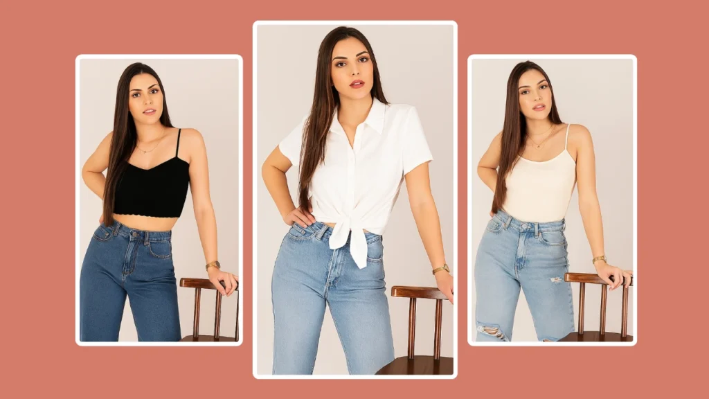 AI outfit changer showing three variations of a young woman in casual outfits, generated using PiktID’s change clothes AI tool.