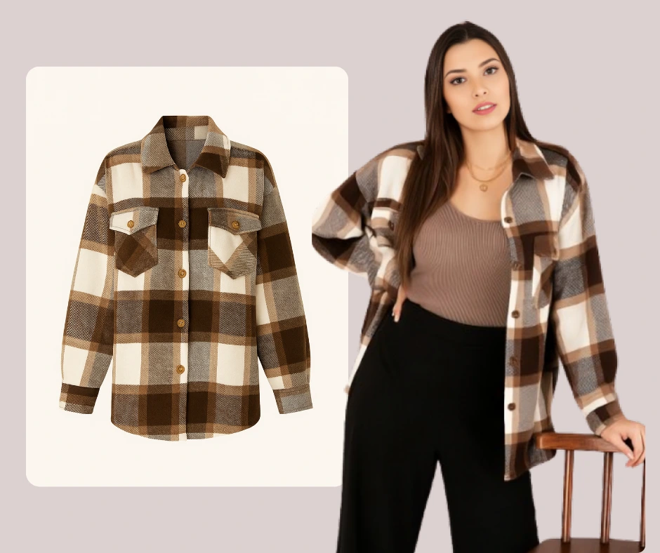 AI outfit changer applying a stylish checkered shirt on a young female model, created with PiktID change clothes technology.
