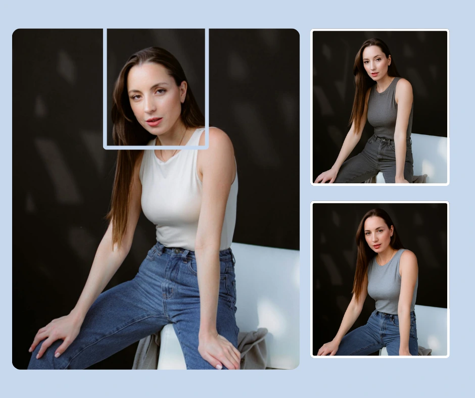 Close-up portrait of a female model in a casual outfit generated through PiktID’s AI clothes swapping tool.