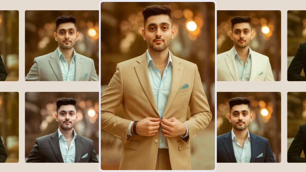 AI-generated formal outfit variations for a man, showcasing suits in beige, navy, grey, and cream. Virtual styling allows easy outfit selection for professional looks