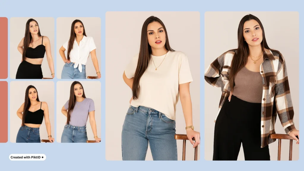 AI-powered outfit try-ons for a young woman featuring casual and trendy tops with jeans. The tool demonstrates how users can visualize clothing changes in real-time.