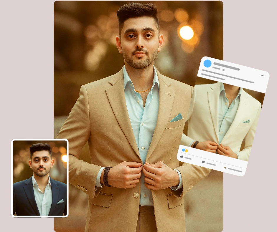 AI-generated formal outfit for a man styled in a beige suit, designed for social media sharing. Virtual fashion technology makes it easy to test and showcase outfit variations online.