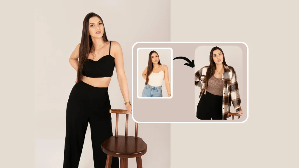 AI clothing swap feature applied to a young female model posing beside a chair. The tool transforms outfits from casual tops to chic layered styles seamlessly.