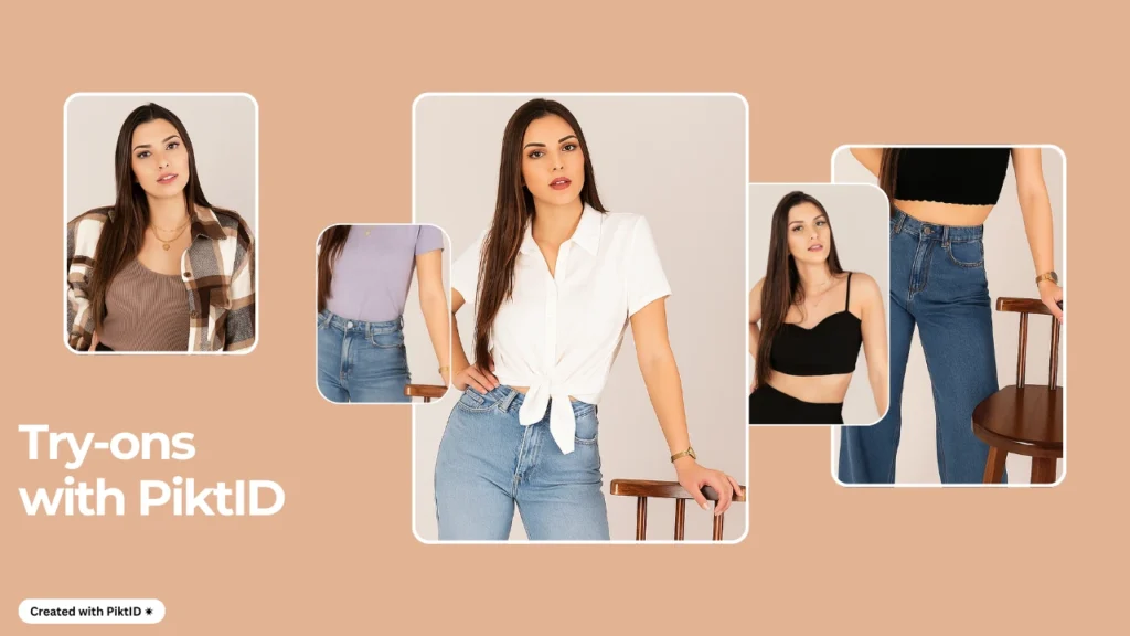 PiktID AI try-on tool showing multiple outfit options for women, from casual jeans and tops to trendy chic looks. Perfect for virtual fashion previews and online styling.
