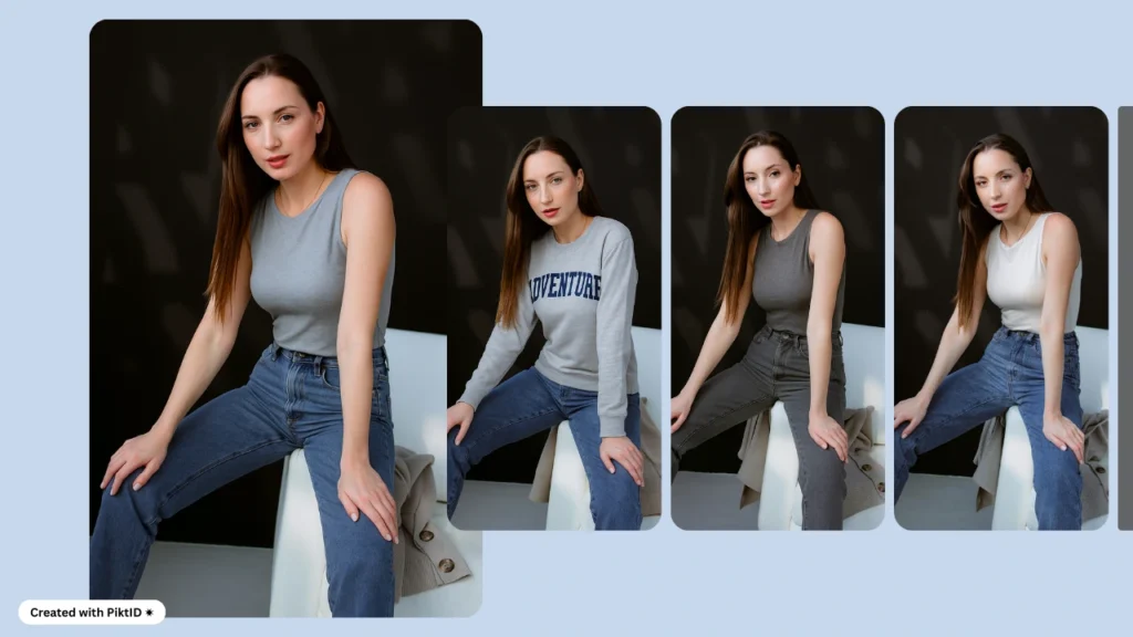 AI outfit generator showcasing a young woman sitting while modeling casual tops and jeans. Virtual try-on previews display different shirt styles including tank tops and sweaters.