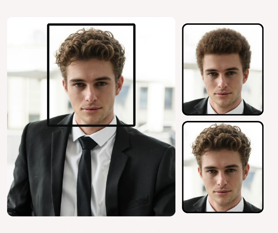 Un joven con traje negro prueba diferentes peinados, tanto rizados como cortos, para un look profesional. Una herramienta virtual de peinado muestra cómo luce con diferentes cortes.
